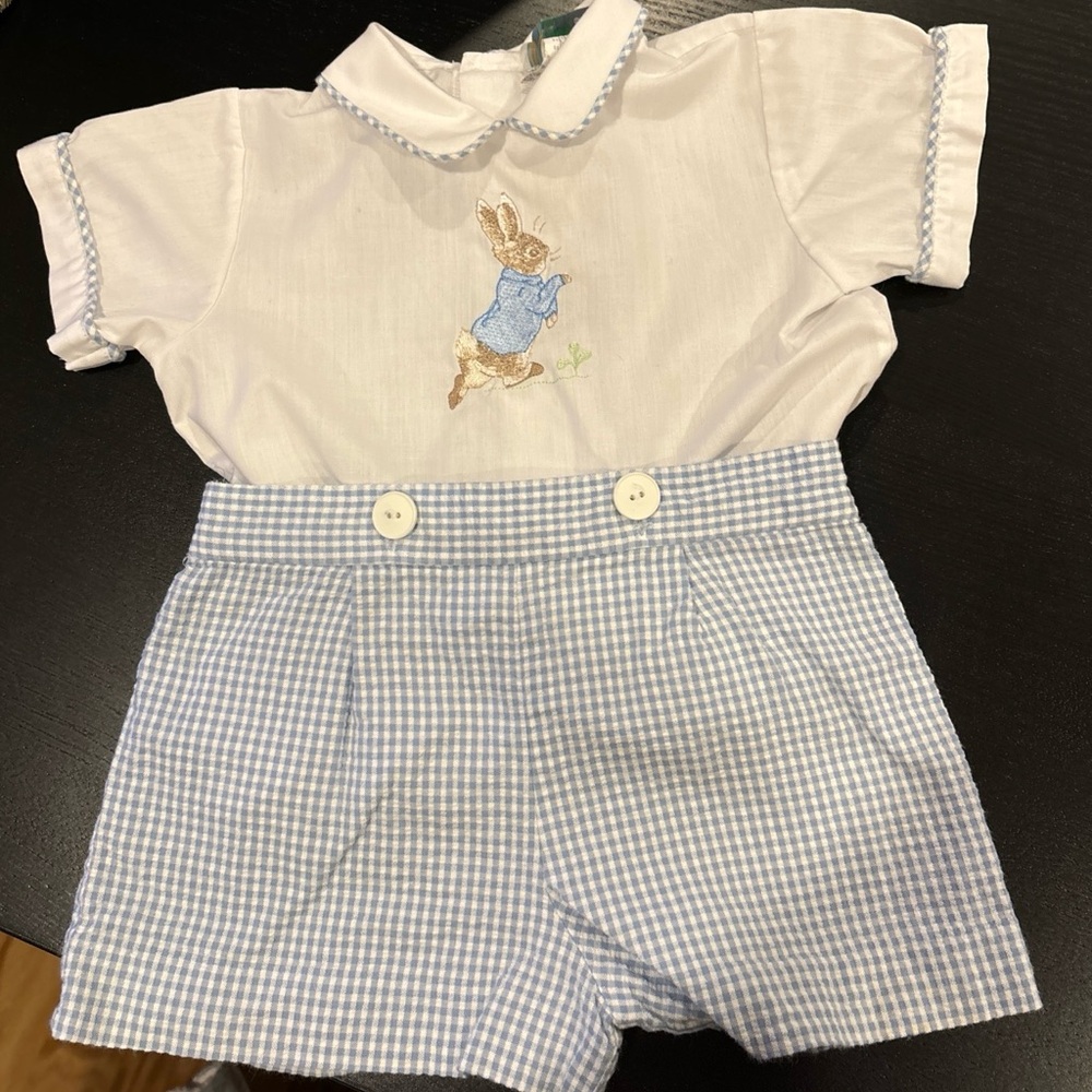 Vintage 1993 Y2K Beatrix Potter Embroidered Gingham Shirt Short Set Blue 18 Mos